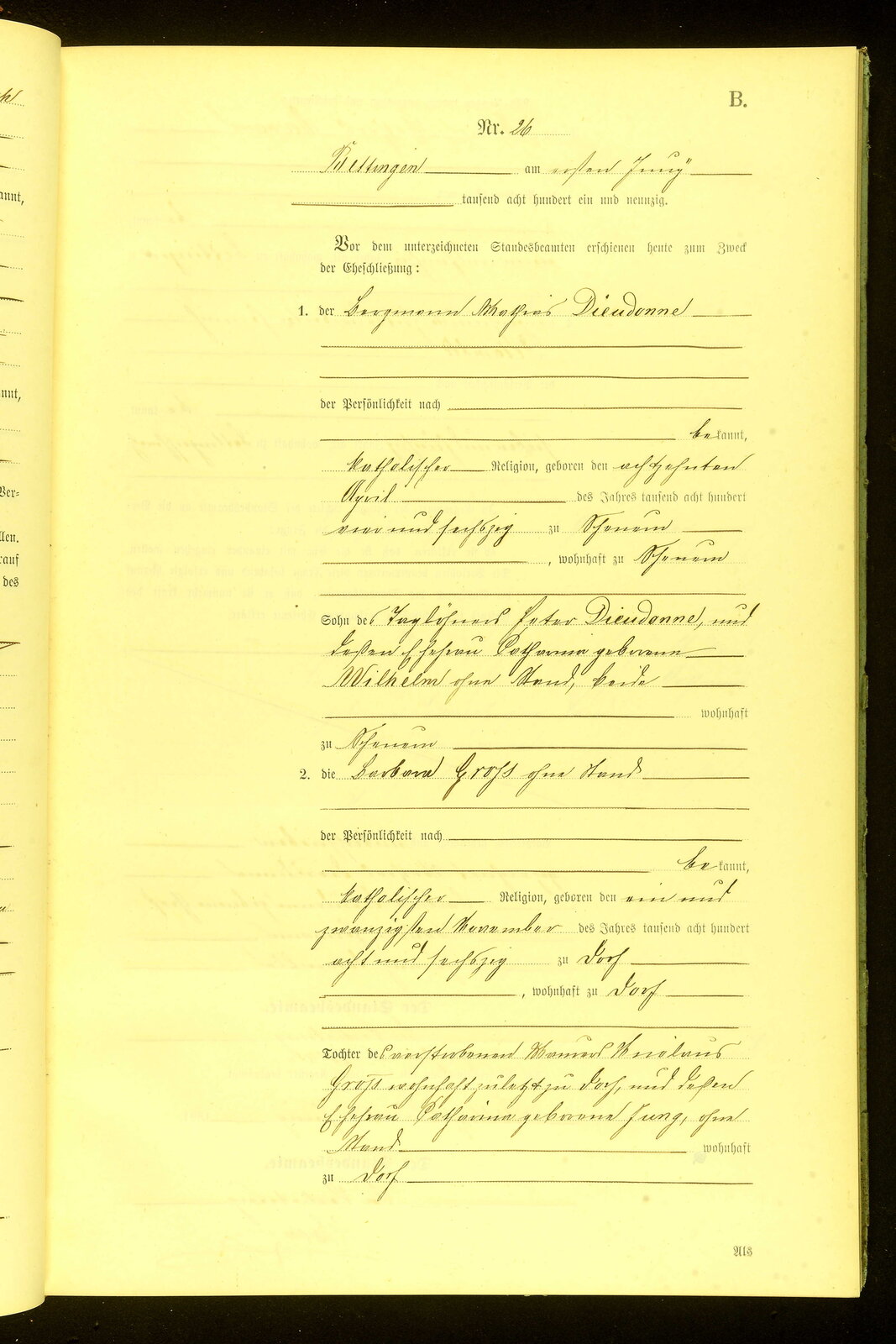 Alte handschriftliche Heiratsurkunde aus der Familie Dieudonné