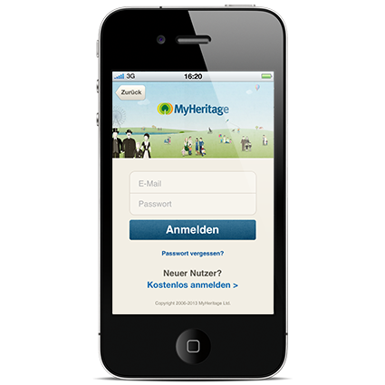 MyHeritage App Anmeldebildschirm