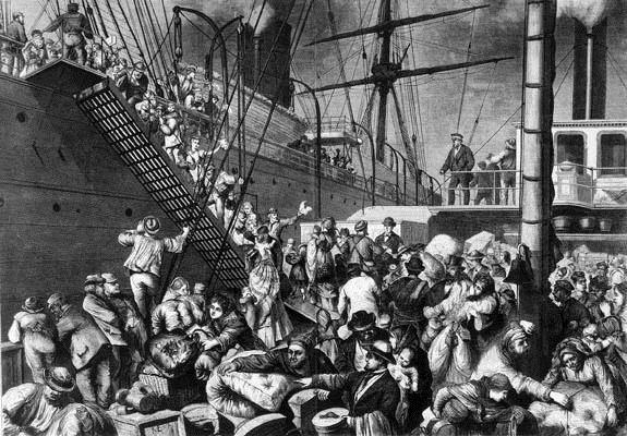 Deutsche Emigranten beladen ein Schiff in Hamburg. Quelle: wikimedia.org