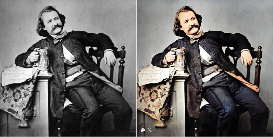 Wilhelm Busch 1860, Original-Fotografie von Edgar Hanfstaengl – mit MyHeritage koloriert und verbessert.