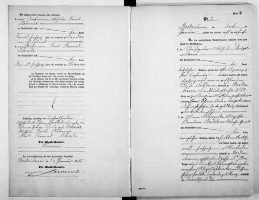 Heiratsaufzeichnung von Wilhelm Diegelmann & Marie Franziska Auguste Karoline Baldenecker