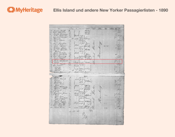 Die Ur-Ur-Großmutter Esther in der Passagierliste von 1890 aus der Sammlung „Ellis Island und andere New Yorker Passagierlisten“ auf MyHeritage.