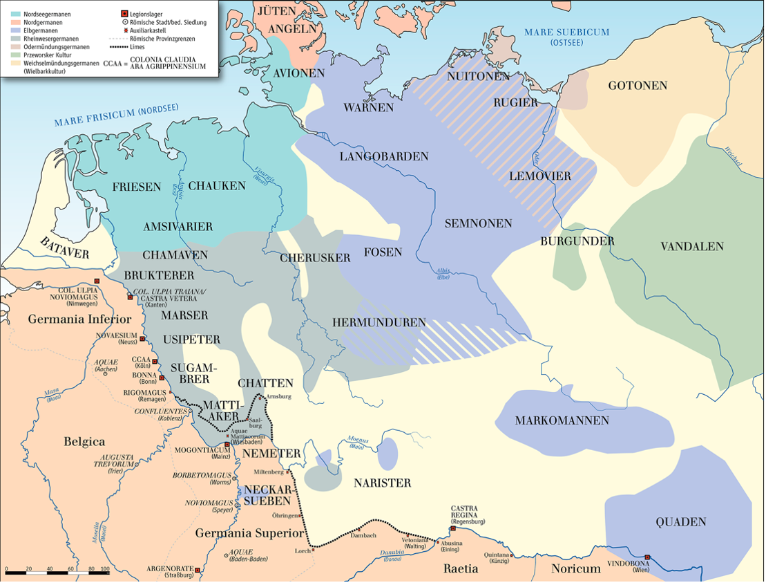 Karte der germanischen Stämme zwischen 50 bis 100 nach Christus