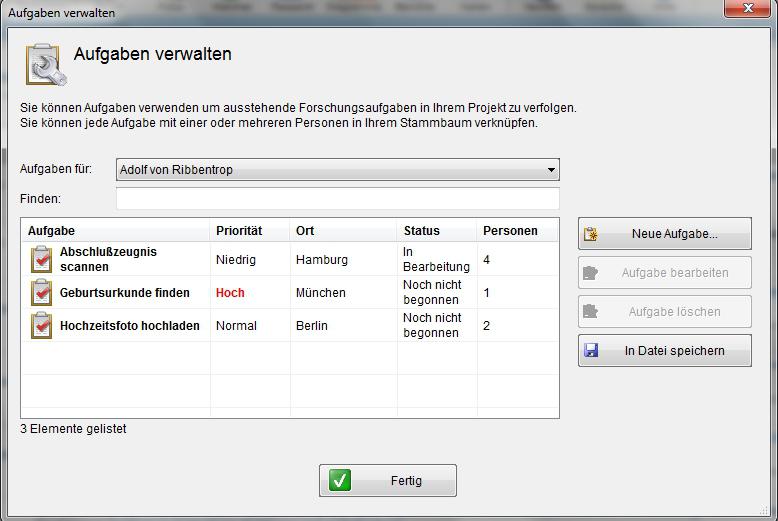 Aufgabenlisten im Family Tree Builder 5.0 erstellen (Bild zum Vergrößern bitte anklicken)