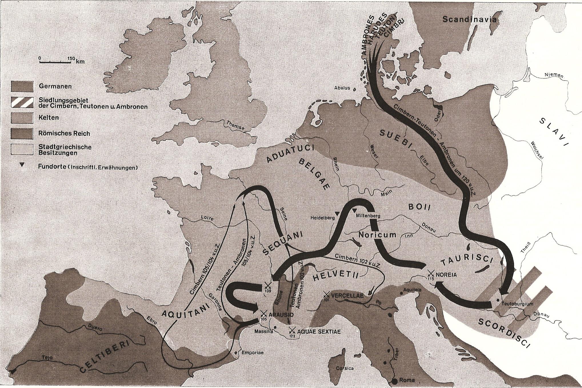 Kimbern Züge der Kimbern und Teutonen 120-101 v.Chr. von Dänemark aus durch Europa. Noricum entspricht etwa dem heutigen Österreich (aus Krüger, B.: Die Germanen. Geschichte und Kultur der germanischen Stämme in Mitteleuropa. Berlin 1976/83)