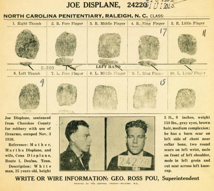 Ein Fahndungsplakat für Joe Displane - 3. Nov. 1930.