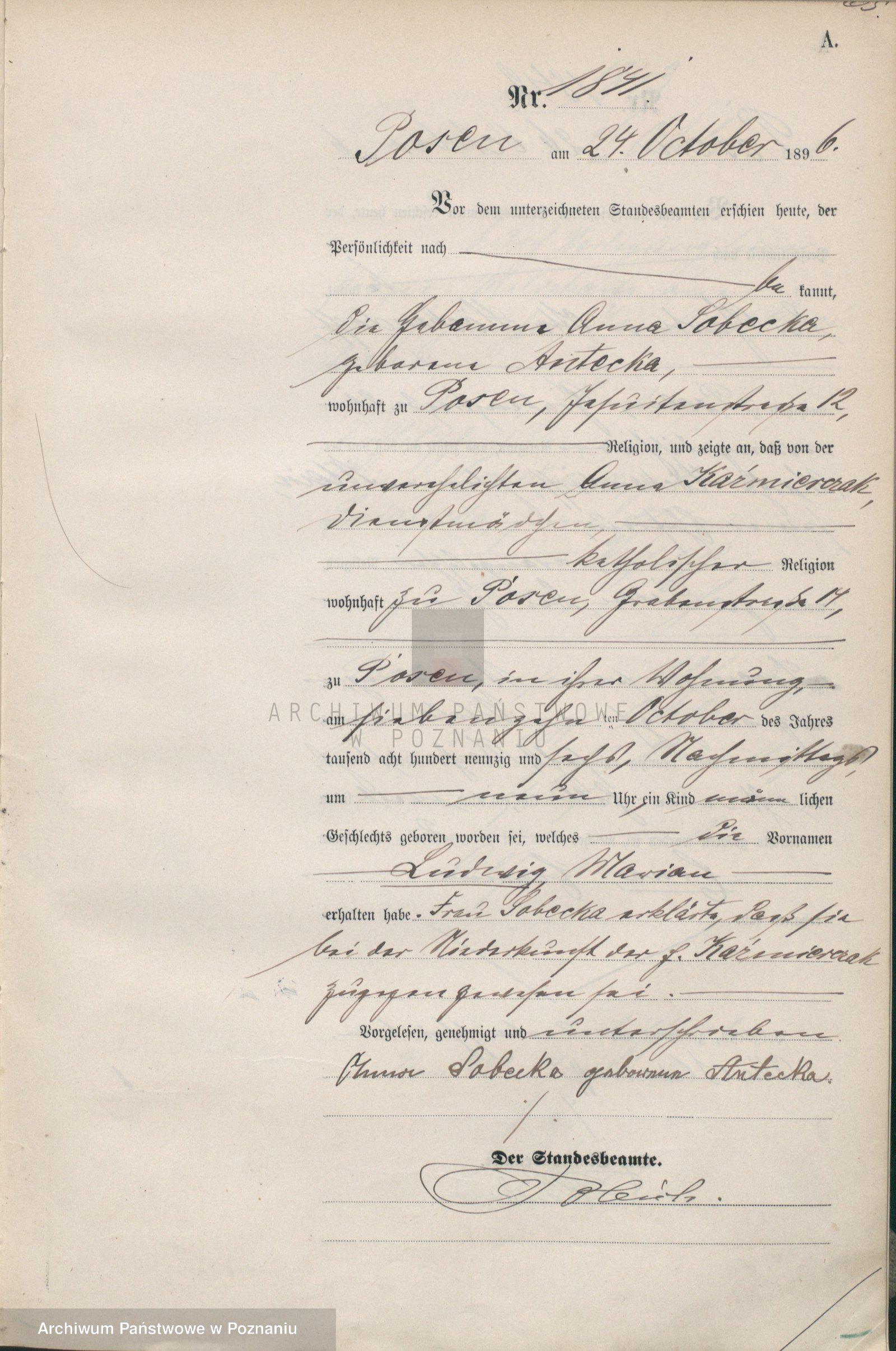Geburtsurkunde von Ludwig Kazmierczak - 24. Oktober 1896. Staatsarchiv Posen (www.poznan.ap.gov.pl)