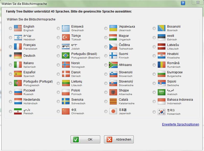 Es werden 40 Sprachen in dem Family Tree Builder 7.0 angeboten