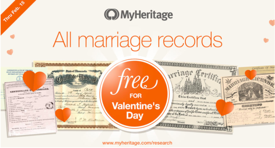 Nur Heute: Gratis-Valentinstag-Zugang auf allen Hochzeitsaufzeichnungen auf MyHeritage!
